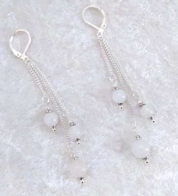 White Jade Bead , 7cm Long, 925 Silver Leverback Earrings. Handmade In Gift Bag - Image 1 of 4