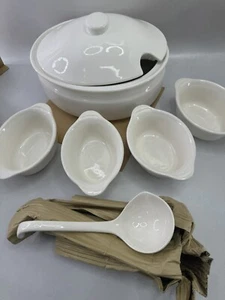 SOPA TUREEN con cucharón cuencos de sopa gres clásico juego de 7 piezas JAPÓN Country blanco - Imagen 1 de 14