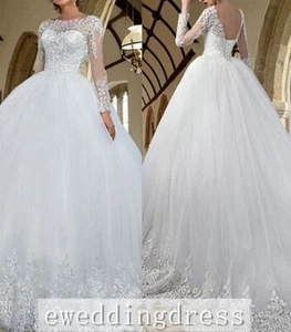 Beautiful Custom Lace Applique Long Sleeve Bridal Wedding Dress Ball Gown 2021 - Picture 1 of 5