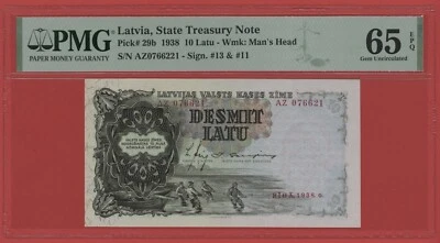 LATVIA  10  LATU  1938  PICK # 29b  PMG 65  GEM  UNCIRCULATED EPQ. - Image 1 of 2