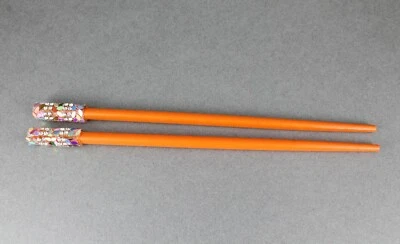 Orange crystal sequin wood set 2 hair chop sticks accessory picks pins 7 1/8" - Image 1 of 4