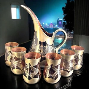 MCM Amethyst & Heavy Silver Overlay Purple Glass Pitcher 6 Glasses Italy READ - Picture 1 of 15