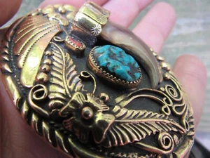 Fibbia cintura vintage NAVAJO arte tassidermia originale turchese artiglio sud-ovest RARA VG+ - Foto 1 di 4