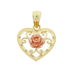 - Gold Floral Herz Charm - Herz Anhänger mit Rose - 10 Karat massiv Gold - H... - Bild 1 von 5