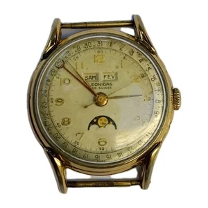 Montre Leonidas triple date phase de lune Plaqué or 1940's Mécanique Fonctionne. - Imagen 1 de 24