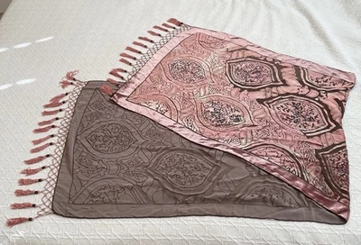 Cachecol aveludado marrom rosa franja rosa seda rayon azul frisado boho - Imagem 1 de 4