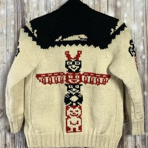 Vintage Cowichan Wolle Donnervogel Totempfahl Cardigan Wollpullover Small ohne Reißverschluss - Bild 1 von 16