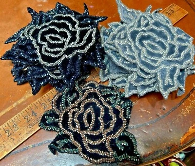 Aplique vintage terciopelo hojas de flores grandes 4x5" cuentas de vidrio 1 pieza hecho en EE. UU. Foto 1 de 2