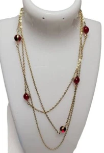 Avon Vintage Gold Tone Round Glass Bead Caged Stations Necklace, 44” Long - Picture 1 of 10