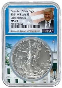 2024 W 1oz Burnished Silver Eagle NGC MS70 ER White House Core Trump Label - Picture 1 of 2