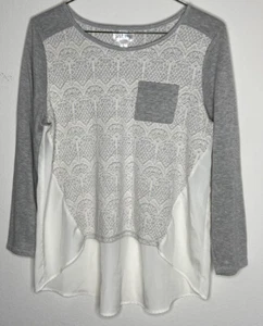 Damen Gr. Large Spitzenbluse Hi-Low grau weiß Y2K Büro adrett leicht - Bild 1 von 15