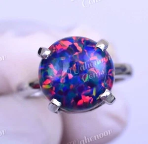 Natural Black Fire Opal 925 Sterling Silver Ring Round Wedding engagement Ring - Picture 1 of 9