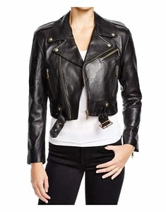 Women's Latest Biker Leather Jacket Black Cropped Bold Celebrity Style Jacket - Picture 1 of 2