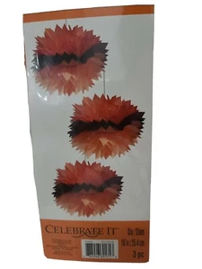 Celebrate it Orange/Black Pom Poms 10" Ball 3 Pc Party Decoration Halloween - Picture 1 of 2