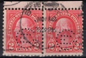 Perfins USA 1922, Sc554 2x 2c Washington. Used GE Jamestown - Picture 1 of 3
