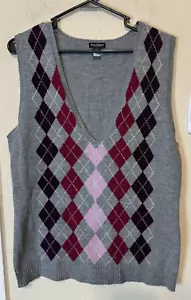 Steve & Barrys Womens Sweater Vest Large Argyle Gray Old School Academia - Picture 1 of 5