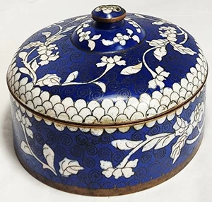 Vintage chinesische Emaille auf Messing runde Schmuckschatulle/Teedose Cloissene mit Deckel  - Bild 1 von 10
