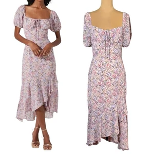 ASTR the Label Bow Tie Ruffle Midi Dress SZ M Pink Purple Floral Milkmaid - Picture 1 of 14