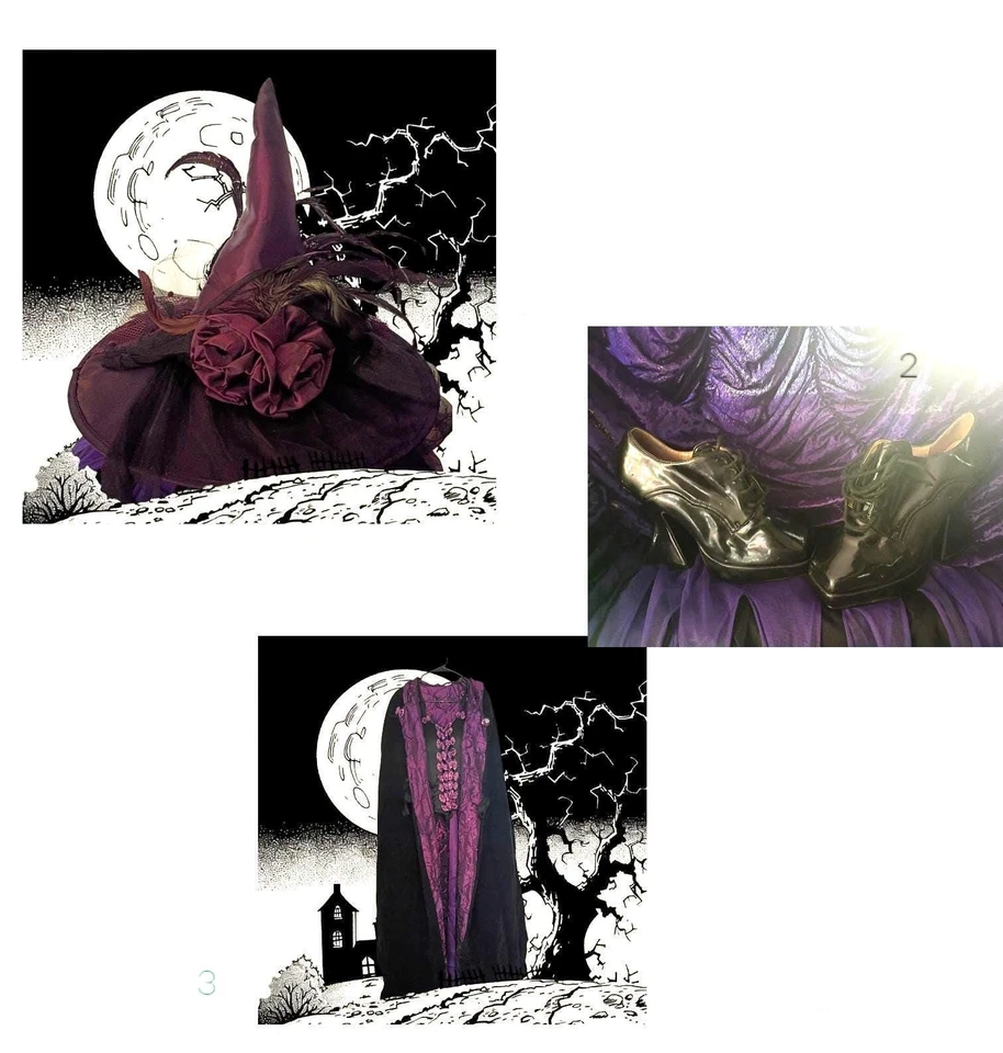 Disfraz de bruja de Halloween conjunto de 4 piezas capa, sombrero, corsé y zapatos disfraces o Foto 1 de 2