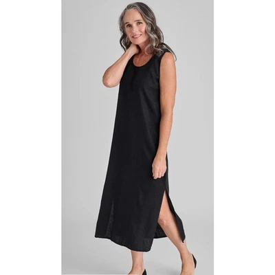 Maxi Vestido Lino Slipster Negro Pequeño Lagenlook Playa Resort Minimalista Foto 1 de 4