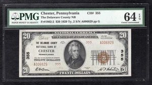 1929 $20 TYII DELAWARE CO. NATIONAL BANK OF CHESTER, PA CH. #355 PMG UNC-64EPQ - Picture 1 of 2