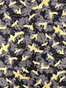 Tela japonesa pequeñas grullas pájaros art deco garza oro negro cigüeña asiática china - Imagen 1 de 5