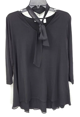 Blusa Susan Graver Top Mujer Mediana Negra Manga Larga Fluida Cuello Atado Popover Foto 1 de 4