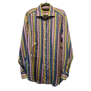 Etro Striped Button Down Shirt Geometric Purple Yellow Blue Men’s Size EU 42 - Picture 1 of 6