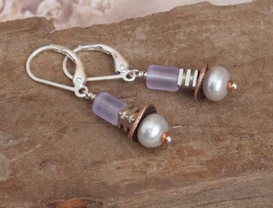 One of a Kind Handcrafted Artisan Earrings: Pearl, Sterling, Copper, Glass - Picture 1 of 3