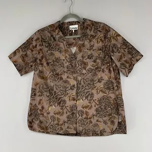 Camicia donna GANNI 36 marrone floreale popeline camicia bottoni spalle scoperte - Foto 1 di 10