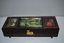 Vintage Music Jewelry Box Asian 3D Lacquered Hologram Pagoda Chinoiseries