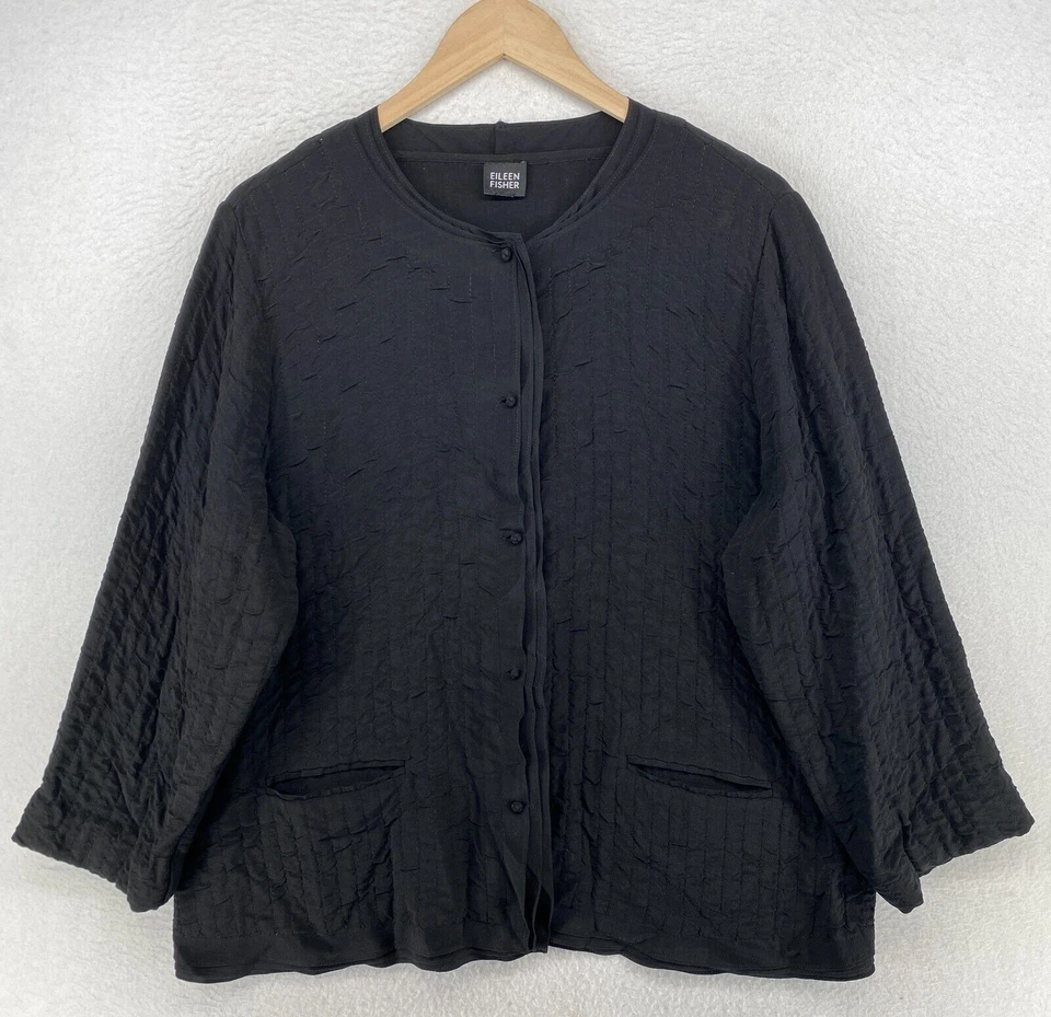 Chaqueta EILEEN FISHER L Capas Seda Gasa Canal Nudo Arrugado Botón Negra Foto 1 de 4