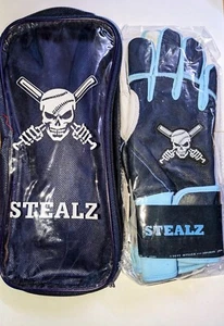 Adult Large Batting Gloves Navy Blue, Light blue, White Leather Double Cuff - Picture 1 of 2