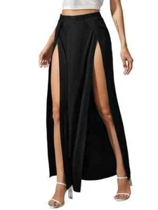 Women's Side Split Midi Skirt: High-Waisted, Stretchy, Ribbed Knit - Picture 1 of 7