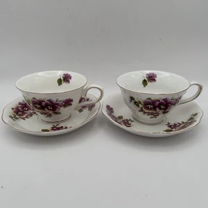 Set Of 2 (4 PCs) Grace’s Teaware Teacup & Saucer Floral Lavender Rose Gold Trim - Picture 1 of 21