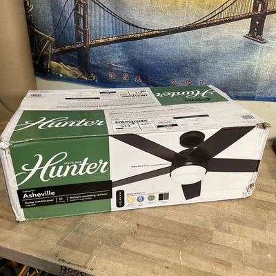 Hunter Fan 52 inch Asheville Matte Black Ceiling Fan w Light Remote Low Profile - Image 1 of 4