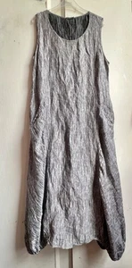 ✩*GRIZAS* Silver Grey Asymmetric Balloon Silk Linen Crinkle Pocket Midi Dress M✩ - Picture 1 of 10