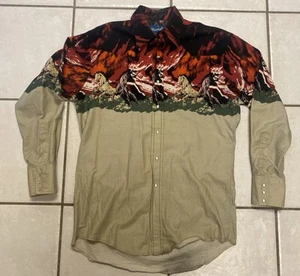 VTG 90s Wrangler Western Pearl Snap Shirt MENS M All Over Print Horses RETRO - Picture 1 of 10