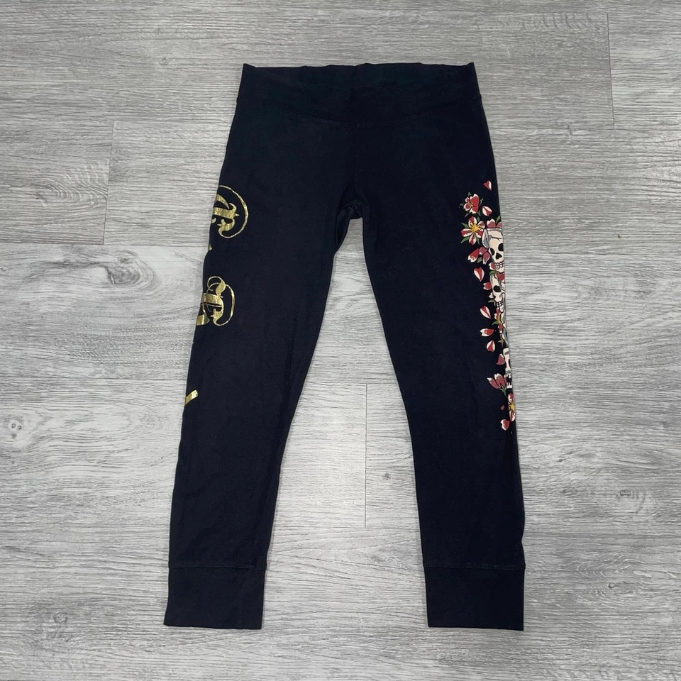 Leggings florales calavera algodón elástico negro talla pequeña Ed Hardy Y2K para mujer Foto 1 de 4