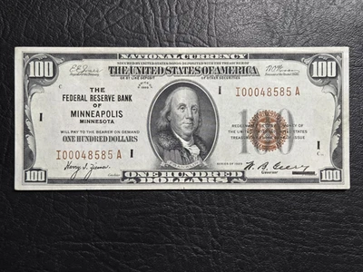 UNC Series of 1929 $100 National Currency, FRB Minneapolis, MN - Image 1 of 2