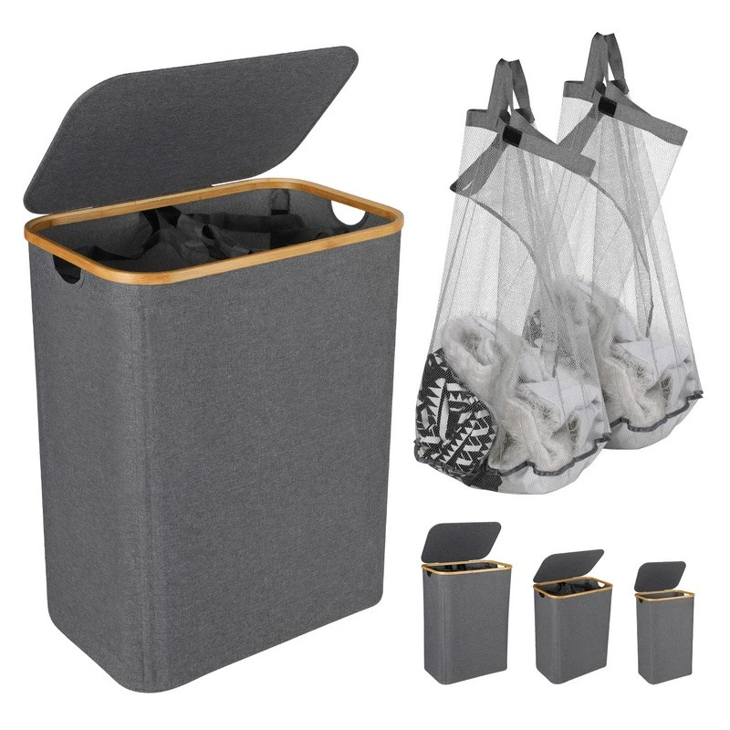 Faltbarer Wäschekorb 60L – 40x50x30 Cm, Aus Baumwolle/Leinen, Mit Holzgriffen, Platzsparend