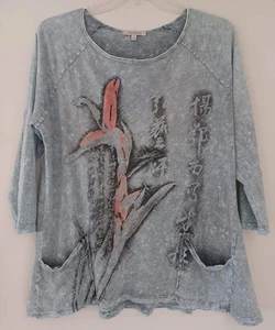 Jess & Jane L Made n USA Mineral Wash Tunic Top Blue Gray Floral Asian Y2K Retro - Picture 1 of 6
