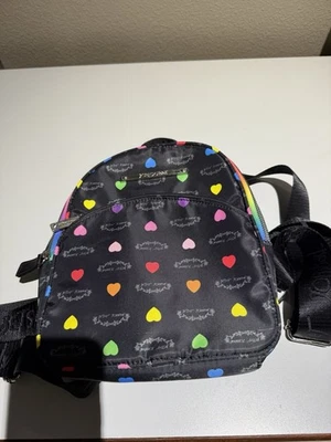 Betsey Johnson mini black backpack with hearts/rainbow zipper - Image 1 of 3