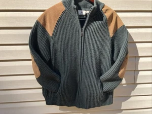 Carraig Donn Sweater 100% wool full zip jacket Suede Elbow patch Professor sz L - Picture 1 of 8
