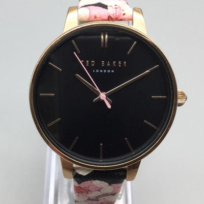 Reloj Ted Baker Mujer 38mm Tono Oro Rosa Esfera Negra Cuero Floral Batería Nueva Foto 1 de 4