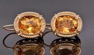 Large Vintage Citrine Oval Drop Leverback 14k Gold Dangly Earrings - Picture 1 of 10