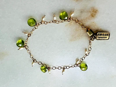 ANZIE 14K YG Station Bracelet w/Dangle Pearls & Peridot~NWOT~7.25" Long - Image 1 of 4