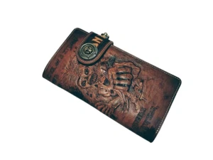 Cartera Iron Maiden, Cartera Calavera, Cartera Larga Tallada en Cuero, Cartera Motociclista - Imagen 1 de 7