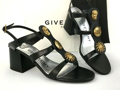 Talla 38 Givechy Sandalia Oro Botón Dije Tacón Bloque Cuero Negro Correa al Tobillo  Foto 1 de 4