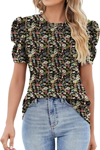 Puff Short Sleeve Shirt for Women Eyelet Tops Summer Crewneck Blouse Loose Fit S - Picture 1 of 12